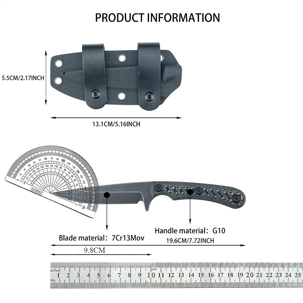 Edc Carry Fixed Blade - Full-Tang-Messer mit feststehender Klinge, 7Cr13MoV-Stahl, EDC-Geradmesser,